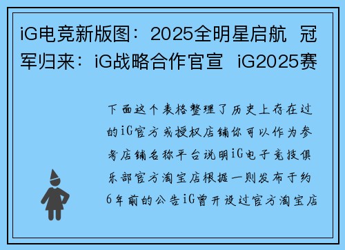 iG电竞新版图：2025全明星启航  冠军归来：iG战略合作官宣  iG2025赛季阵​​容重组，携手虎牙直播与氧望体育